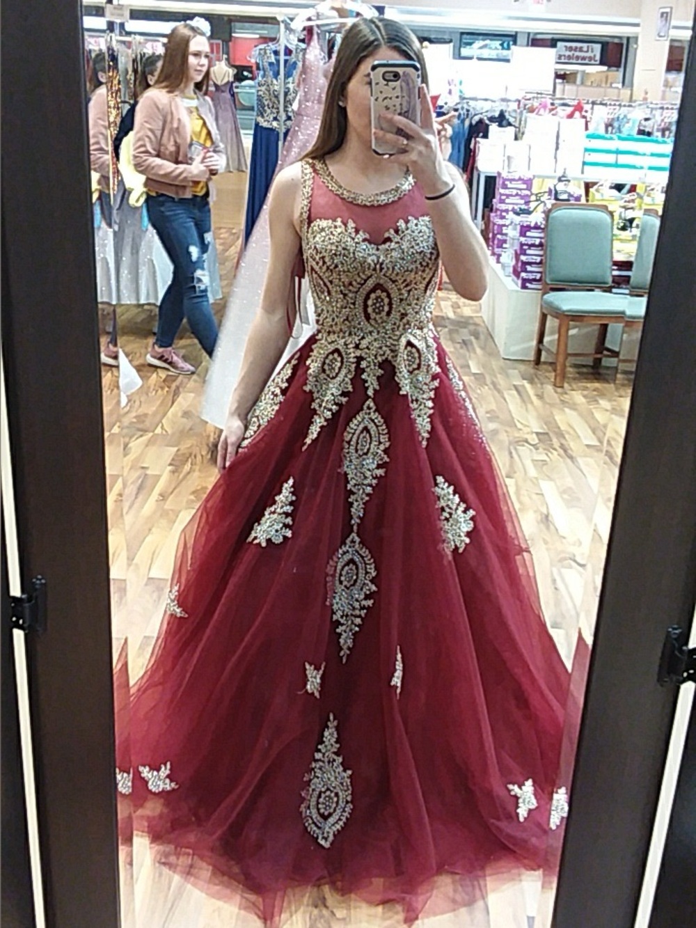 Embellished Burgundy Prom Ball Gown with Gold Appliqué